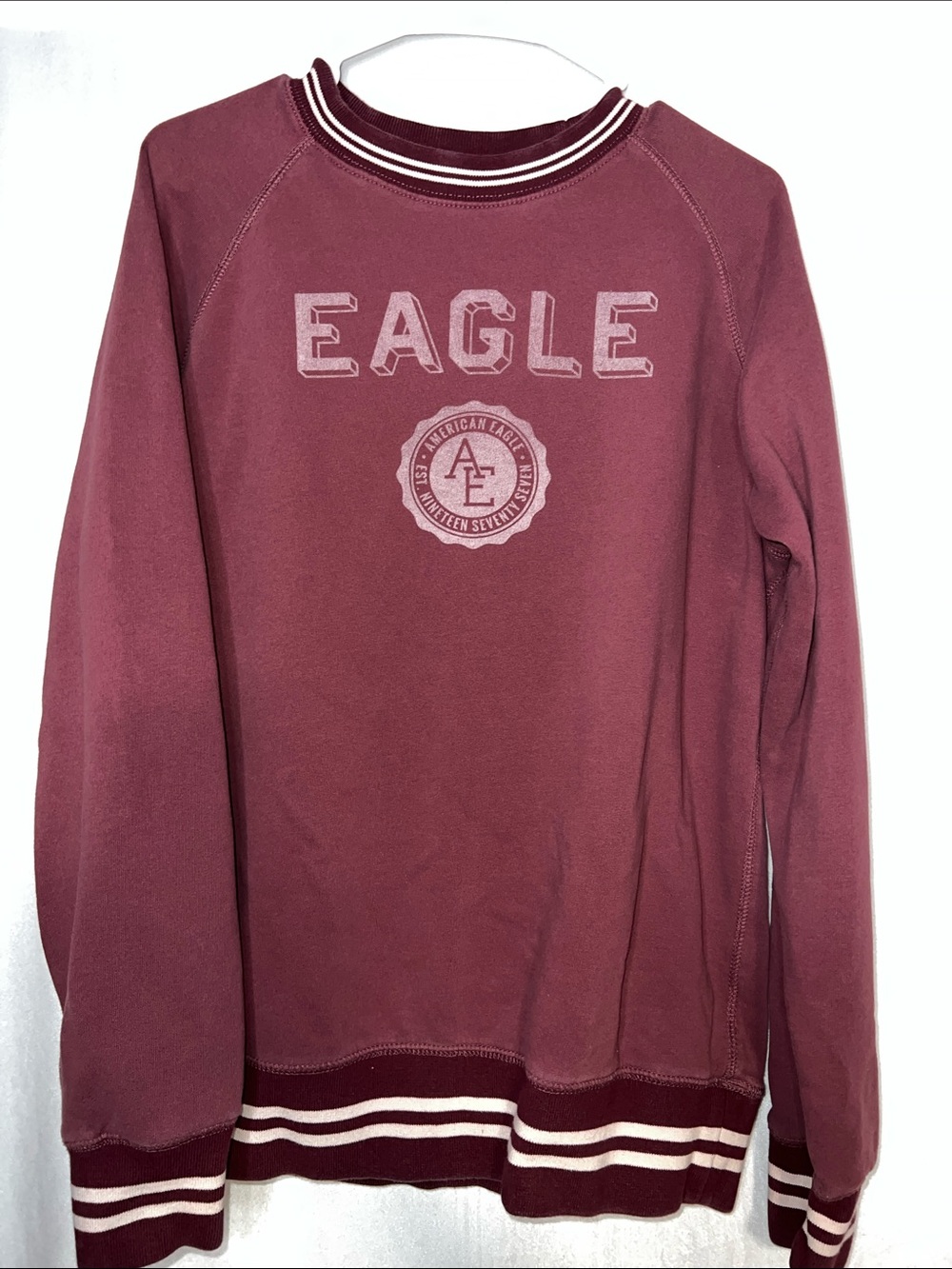 American Eagle Outfitters Large Maroon Crewneck with Striped Trim PTP 24”